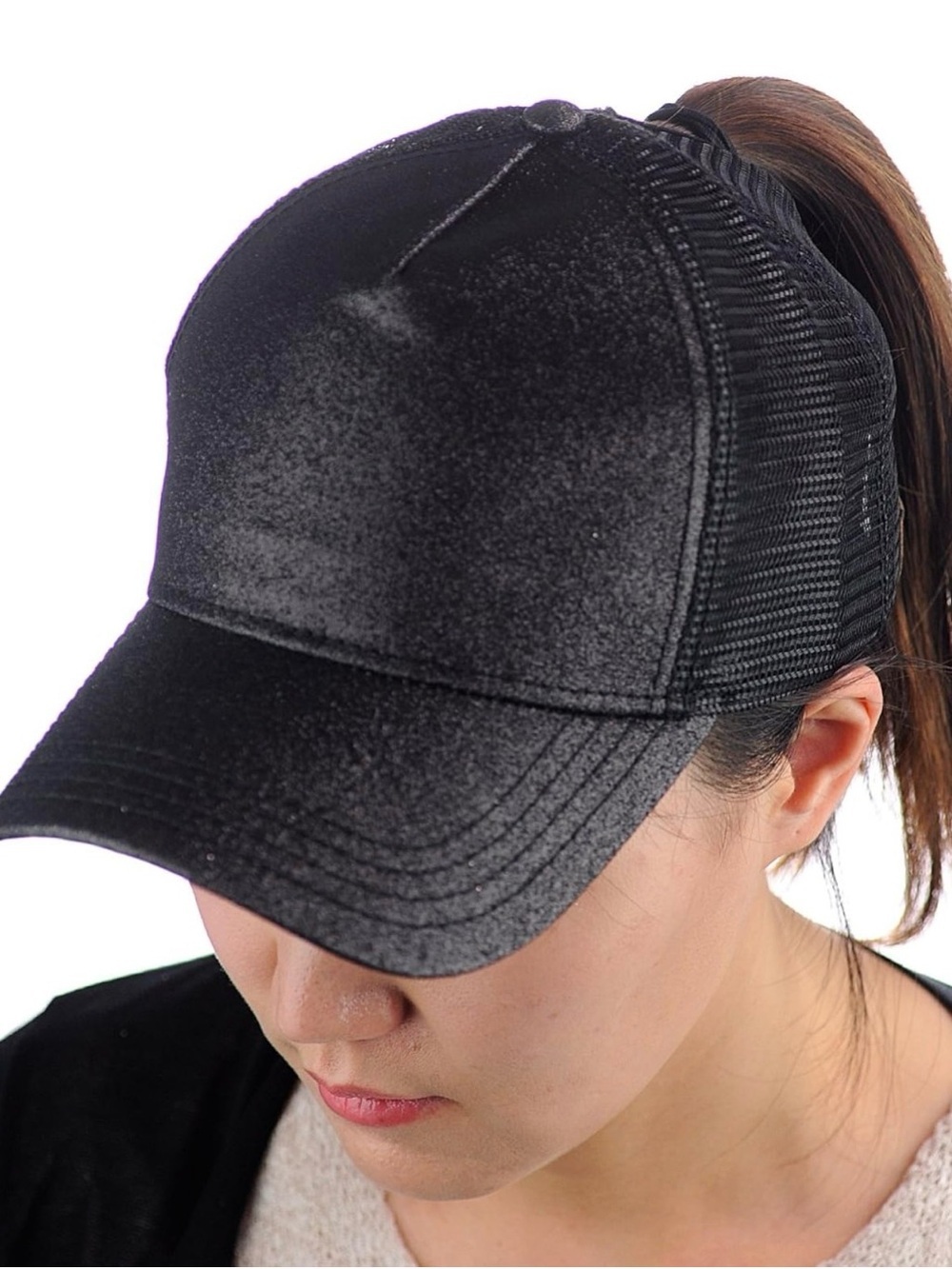 C.C Black Velvet Mesh Ponytail Cap